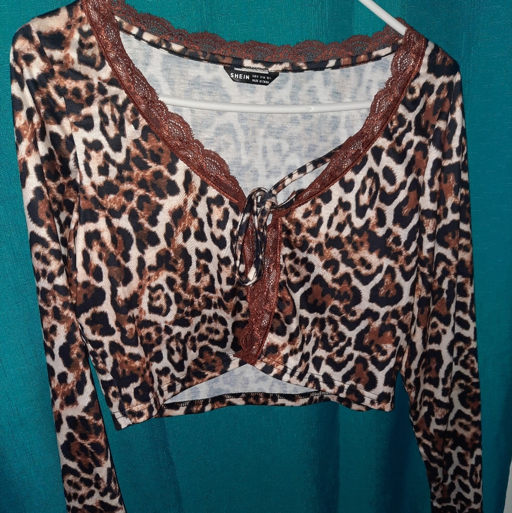 SHEIN Animal Print Crop Tie w/Lace Trim Cardigan/Shrug S/4